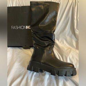 Fashion Nova Black Pemb Style Tall Boots Chunky Heel 8.5